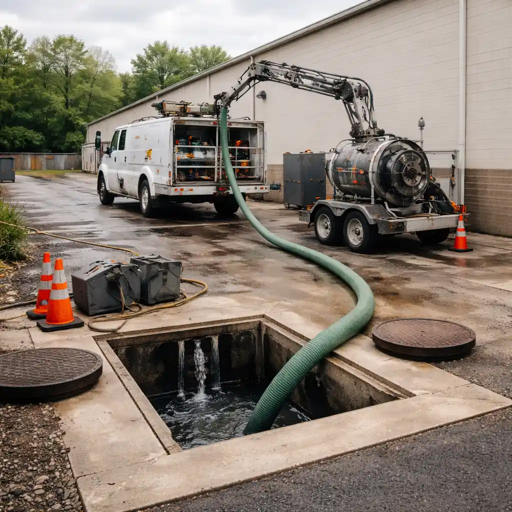 Grease trap being cleaned and inspected at a commercial kitchen facility in Lexington Kentucky