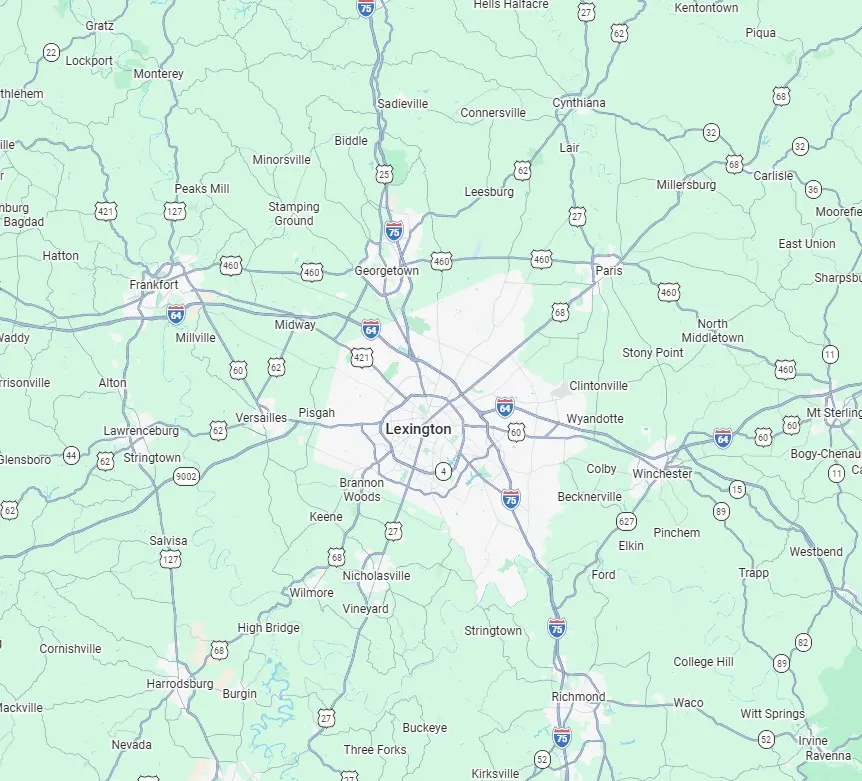 Map of the Lexington Kentucky metro area showing the service coverage area for Lexington Septic Services