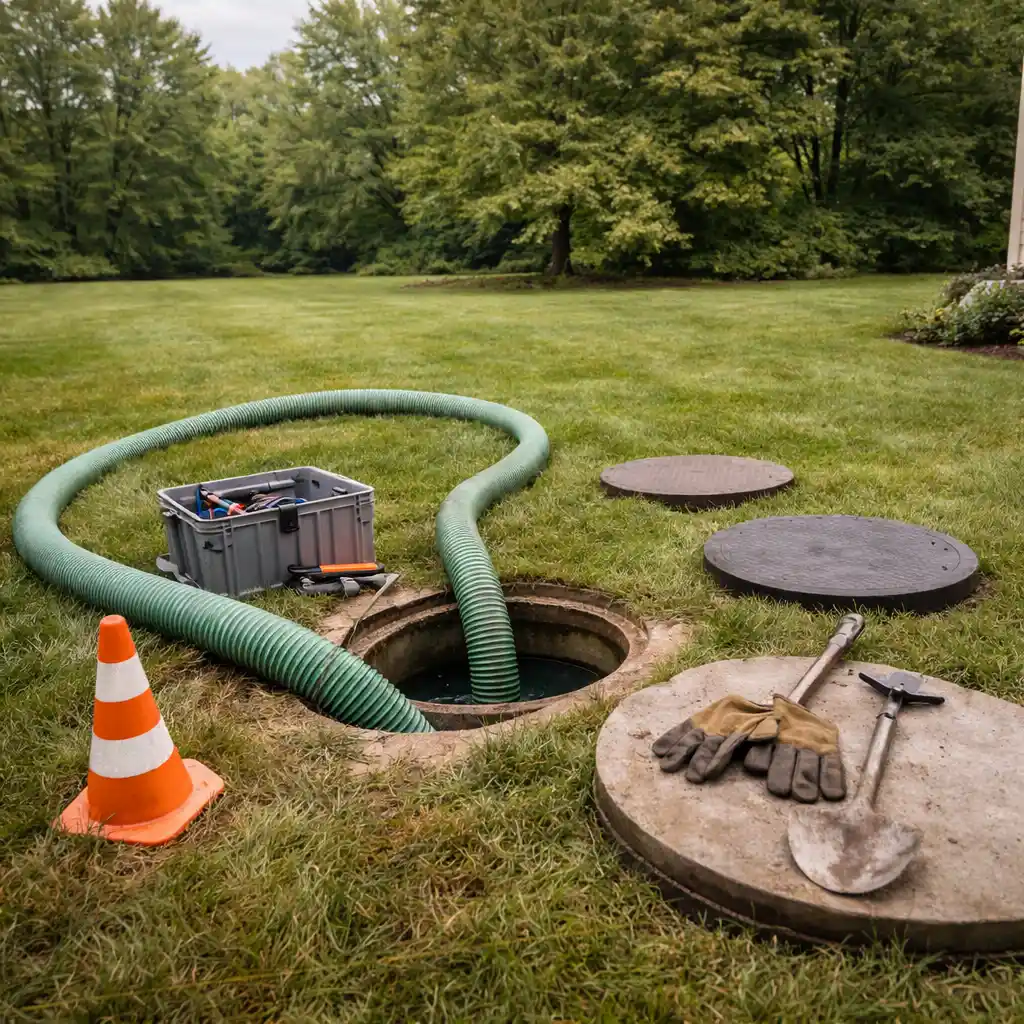 Septic technician inspecting an older residential septic tank in Fayette County Kentucky