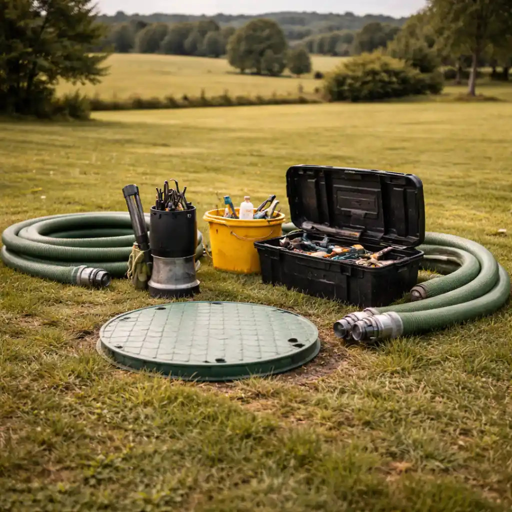 Drain field evaluation at a Kentucky property showing technician assessing soil conditions