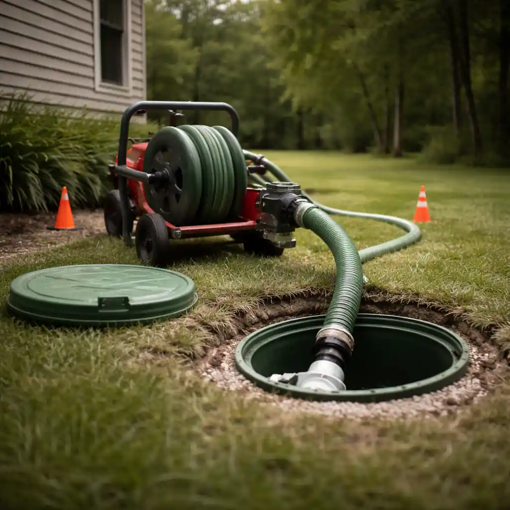 Septic tank pumping truck servicing a residential property in Lexington Kentucky